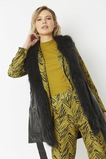 Black Leather Gilet with Detachable Fox Fur Collar