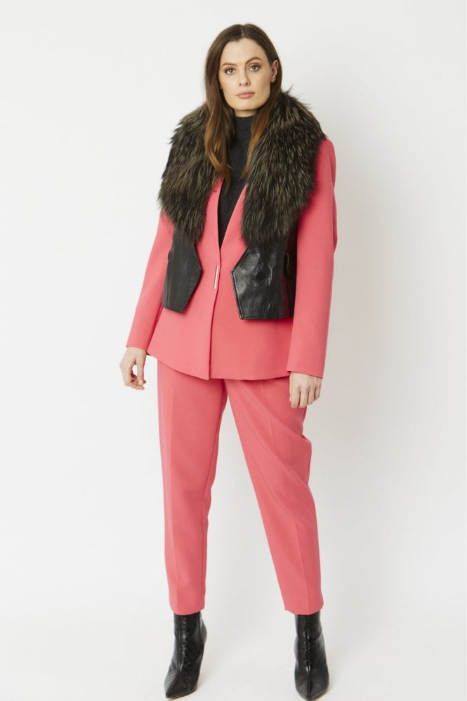 JAYLEY Black Leather Gilet with Fox Fur Collar
