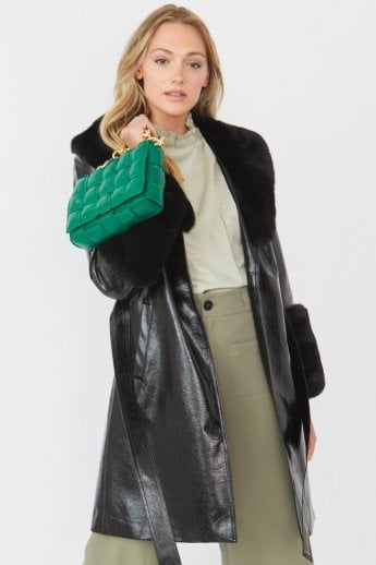 Black Luxury Faux Leather Aubrey Coat With Detachable Faux Fur Cuffs & Collar