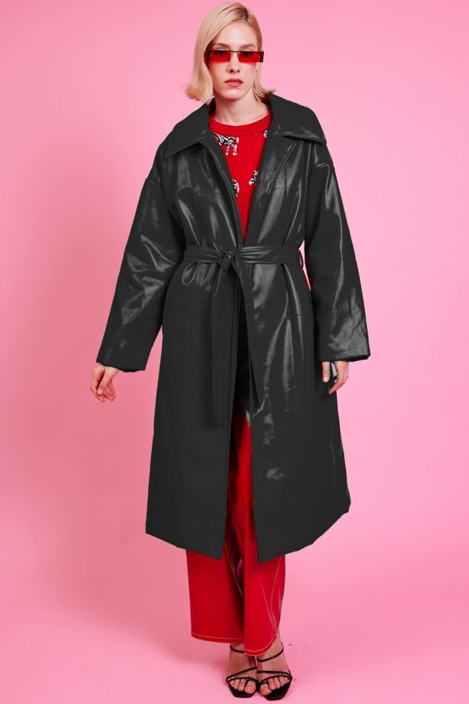 JAYLEY Black Maxi Eco Leather Puffer Coat