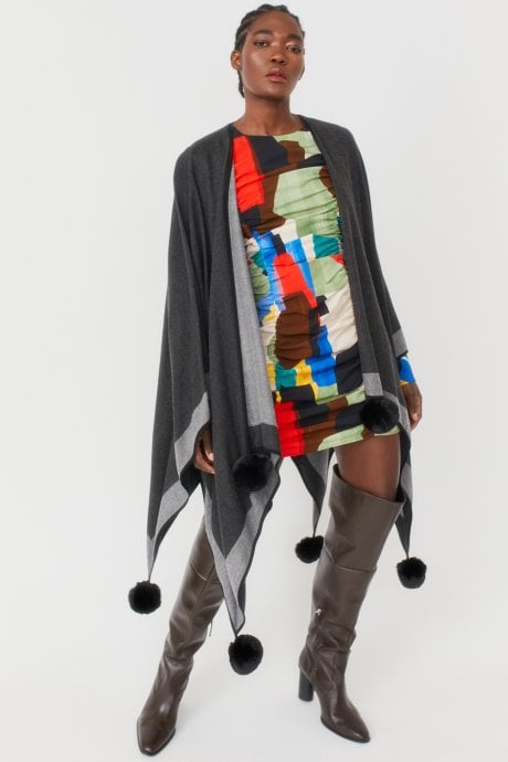 Black Reversible Cashmere Wrap Cape with Faux Fur Poms