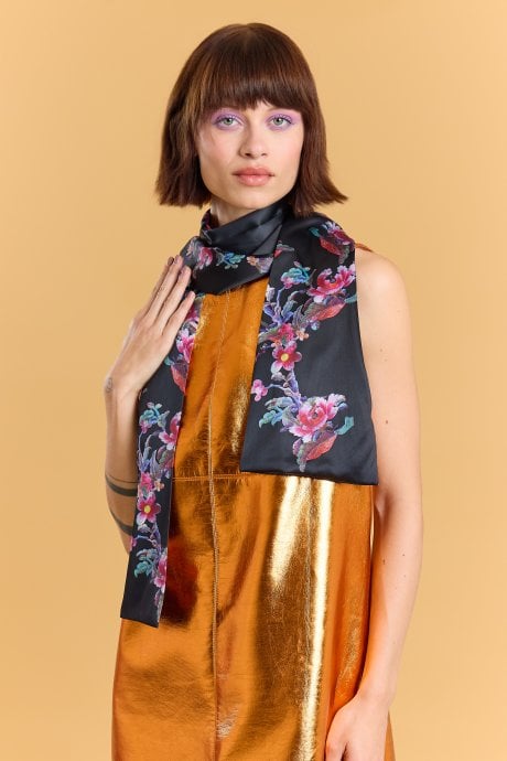 Black Silk Blend Black Floral Long Scarf