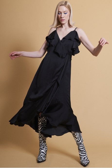 Black Silk Blend Maxi Ruffle Dress