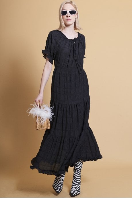 Black Silk Blend Maxi Ruffle Dress