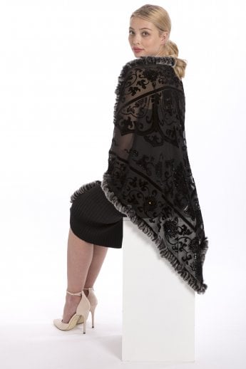 Black Silk Devore and Fur Wrap