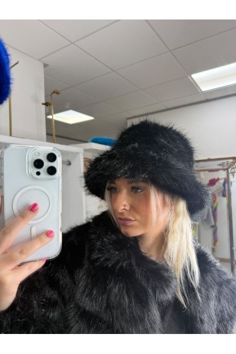 Cream Sparkle Metallic Bamboo Faux Fur Bucket Hat   