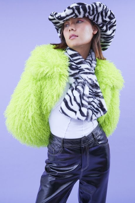 Black Zebra Print Faux Fur Scarf