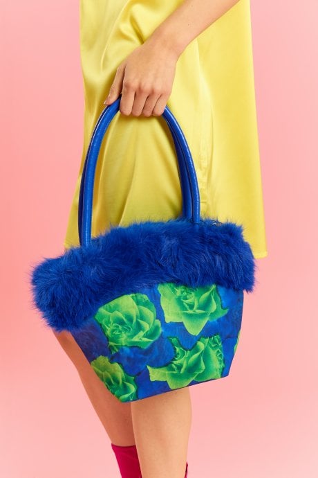 Blue and Green Bamboo Faux Fur Trim Bag