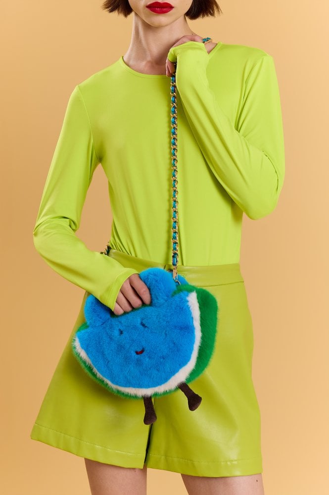 JAYLEY Blue and Green Handmade Water Melon Bamboo Fur Bag