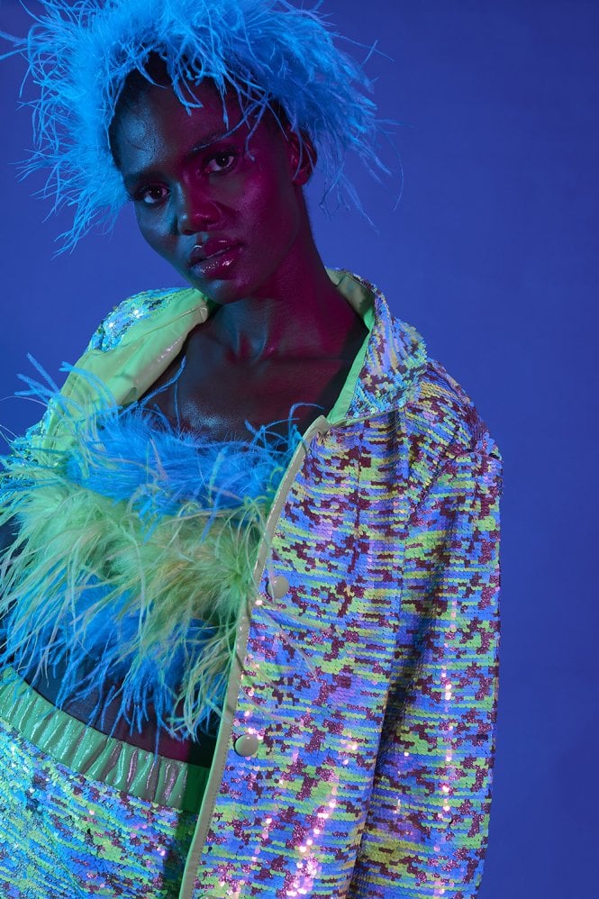 JAYLEY Blue and Green Sequin Blazer with Eco Leather Lapels