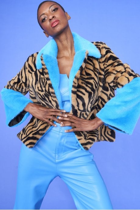 Blue and Leopard Print Faux Fur Coat
