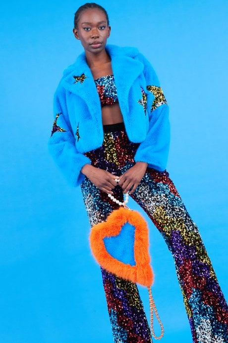 Blue Bamboo Faux Fur Sequins Star Jacket