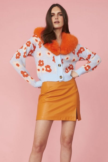 Blue Banana Peel Floral Cardigan with Faux Fur Collar