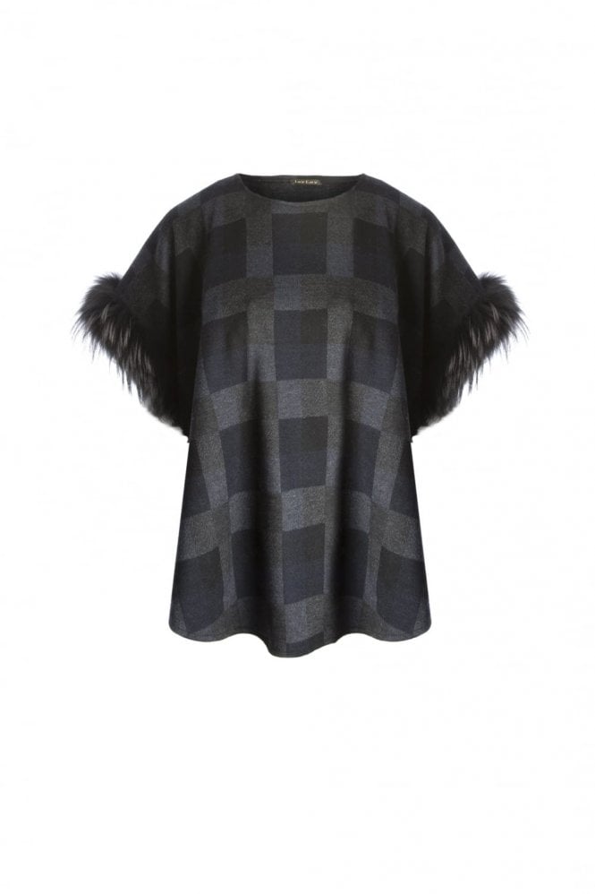 JAYLEY Blue Cashmere Blend and Fox Fur Trim Top