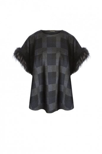 Blue Cashmere Blend and Fox Fur Trim Top