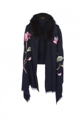 Blue Cashmere Blend Detachable Fox Fur Collar Wrap