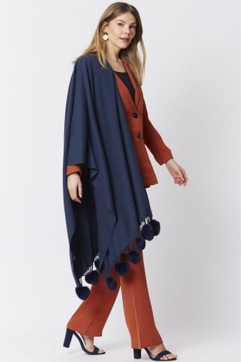 Blue Cashmere Blend Wrap with Faux Fur Heart Poms