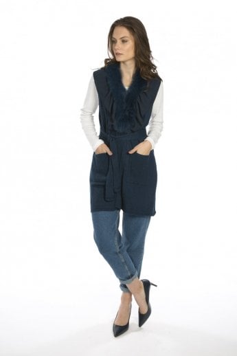 Blue Cashmere Gilet With Fox Fur Feature Collar