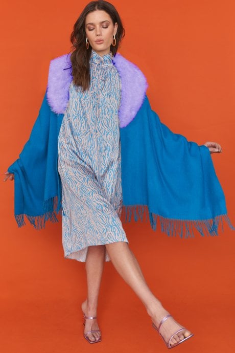 Blue Cashmere Wrap with a purple Faux Fur Trim and Tassels
