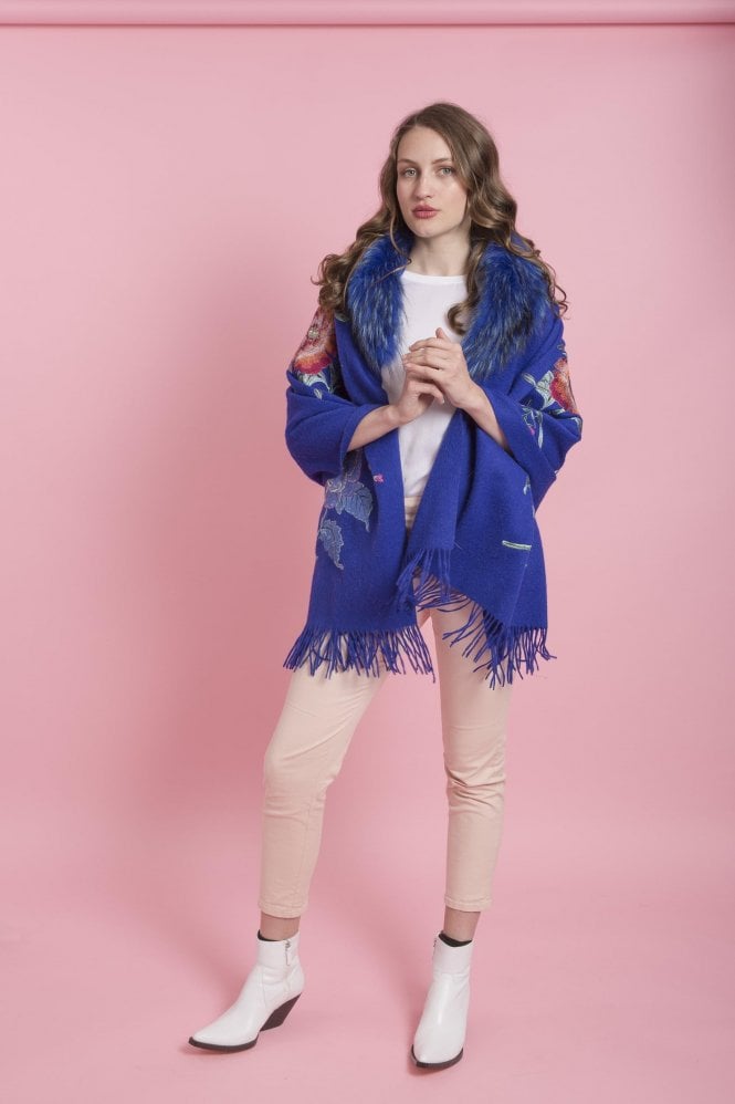 JAYLEY Blue Cashmere Wrap with Fur Collar