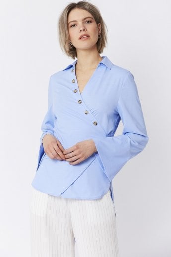 Blue Cotton Blend Wrap Top