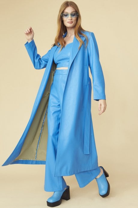 Blue Eco Leather Trench Coat