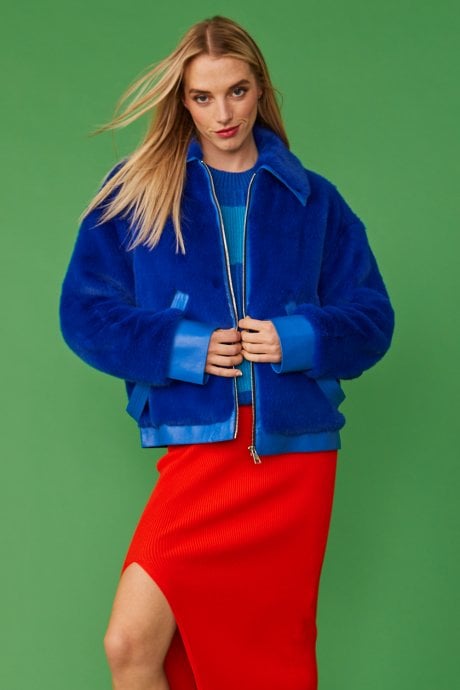 Blue Faux Fur Bomber Jacket
