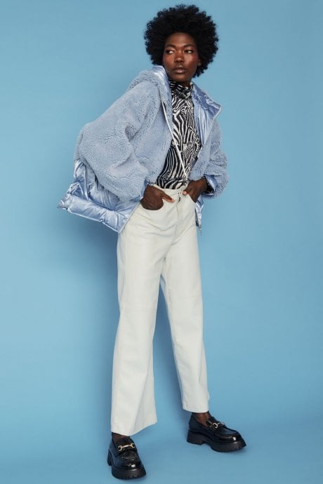 Blue Faux Fur Bomber Jacket