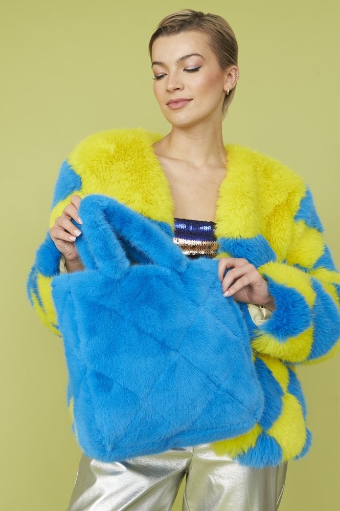 JAYLEY Blue Faux Fur Diamond Stitch Tote Bag