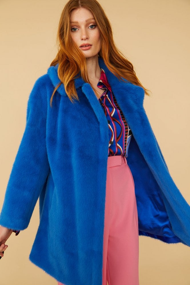 JAYLEY Blue Faux Fur Duchess Midi Coat