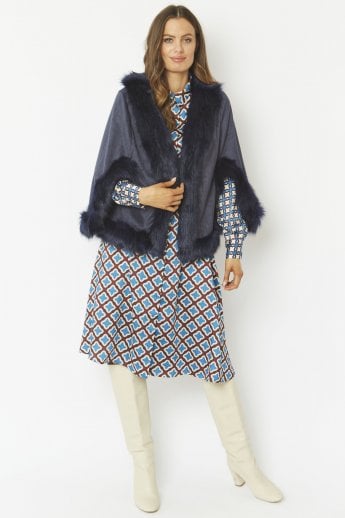 Blue Faux Fur Faux Suede Cape Jacket