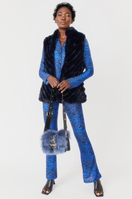 Blue Faux Fur Faux Suede Diagonal Stripe Gilet | Waistcoat