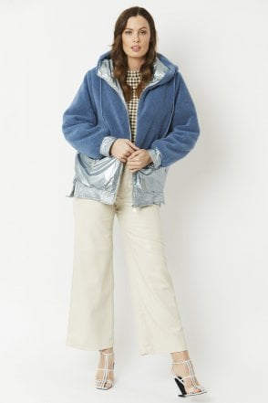 Blue Faux Fur Hooded Zip Jacket with Metallic Trim