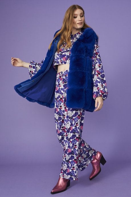 Blue Faux Fur Long Hooded Gilet | Waistcoat