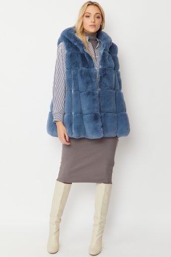 Blue Faux Fur Long Hooded Gilet | Waistcoat