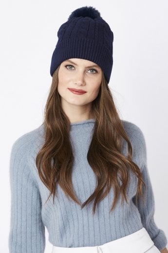Blue Faux Fur Pom Pom Hat