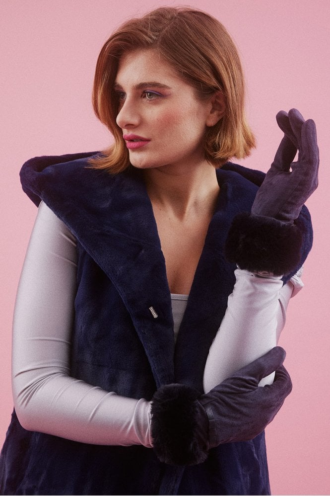 JAYLEY Blue Faux Fur Trim Faux Suede Gloves