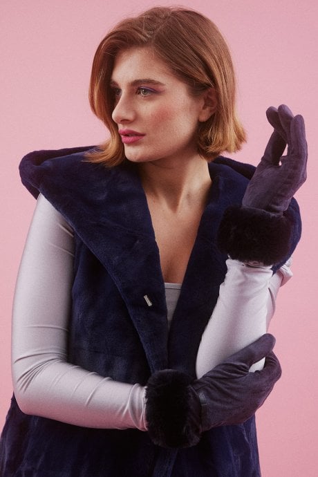 Blue Faux Fur Trim Faux Suede Gloves