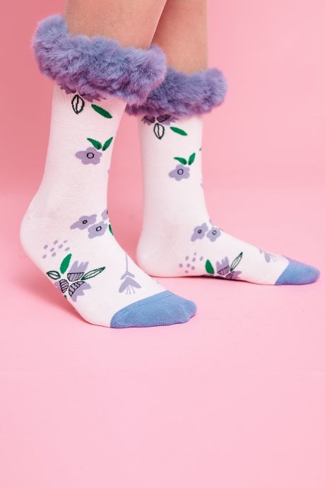 Blue Faux Fur Trim Socks