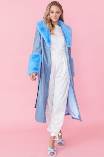 Blue Faux Leather Jacket With Detachable Faux Fur Cuffs & Collar