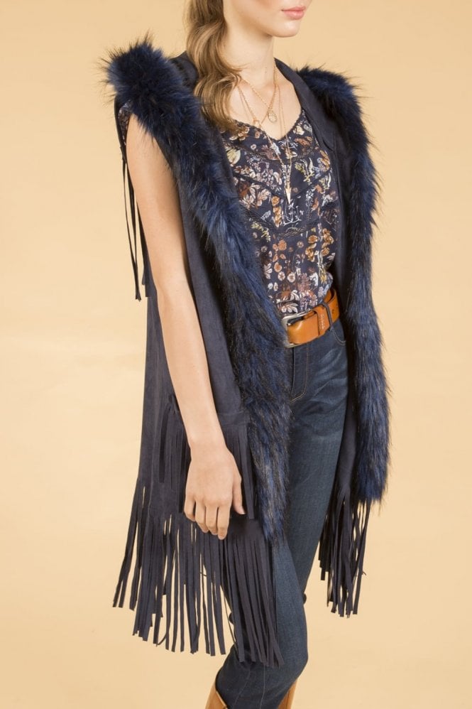 JAYLEY Blue Faux Suede and Faux Fur Vest
