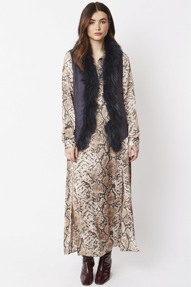 JAYLEY Blue Faux Suede and Fox Fur Gilet
