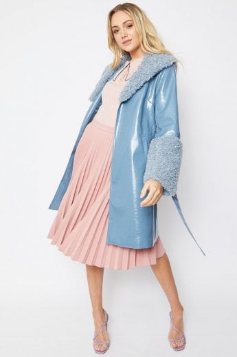 Blue Faux Suede Aurora Coat with Faux Shearling Cuff & Collar