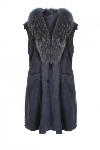 Blue Faux Suede Fox Fur Collar Gilet