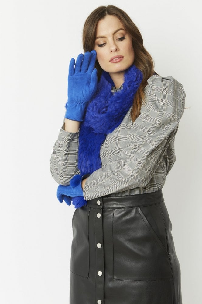 JAYLEY Blue Faux Suede Gloves With Faux Fur Pom