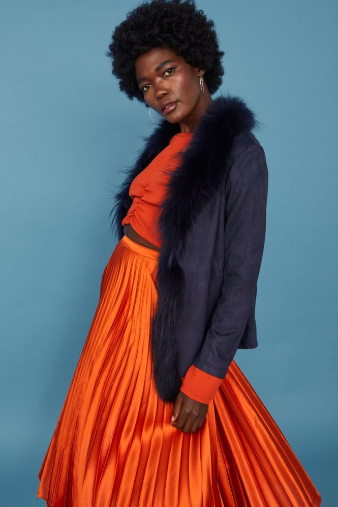 JAYLEY Blue Faux Suede Jacket with Fox Fur Collar Edging