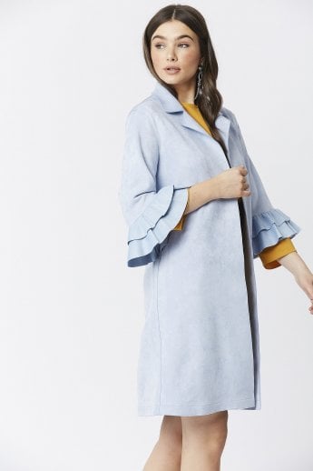 Blue Faux Suede Midi Jacket with Frill Sleeve