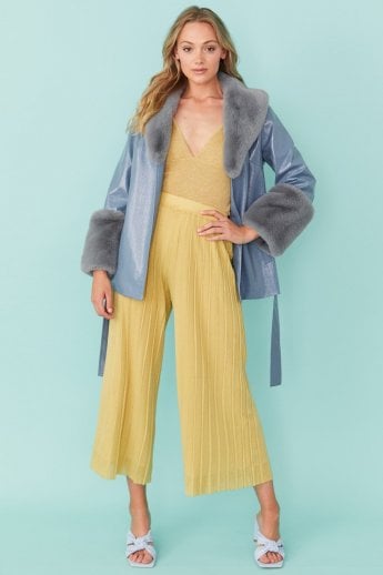 Blue Faux Suede With Detachable Faux Fur Collar and Cuffs