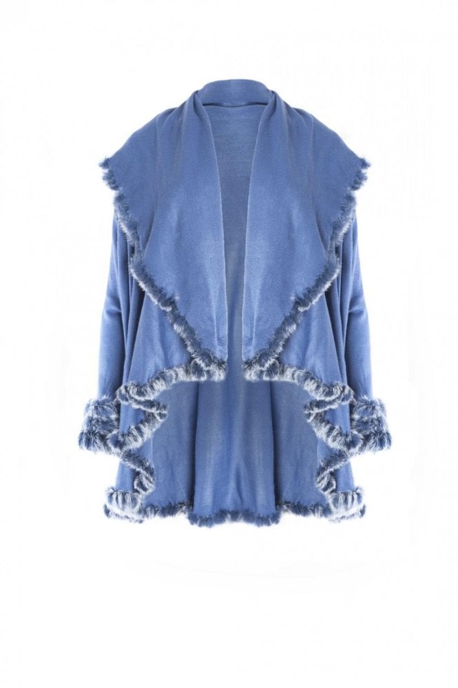 JAYLEY Blue Fine Knit Sleeved Cape Jacket with Coney Fur Trim
