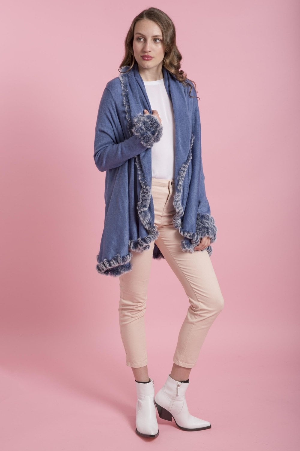 Blue Fine Knit Sleeved Cape Jacket with Coney Fur Trim | Jayley